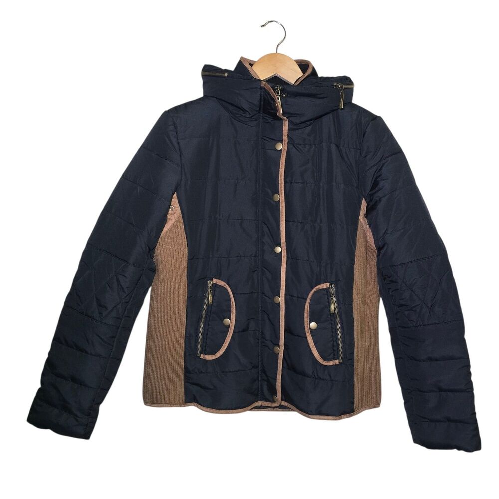 MONTANACO Women's Large Black Brown Puffer Jacket Knit Sides Faux Suede Zip-Up